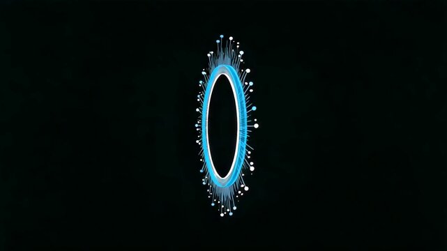 Bright blue circular portal with glowing segmented edges floating at the center of a dark empty background