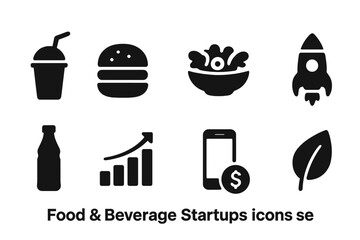 “Food and beverage solid icon set. Startup, beverage, growth icons solid collection”