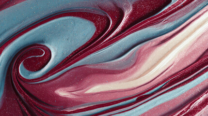 Photorealistic Abstract Swirling Liquid Paint in Red, Pink, Blue, and Cream with Glitter, Generative AI
