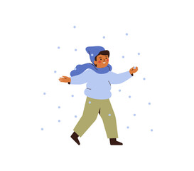 happy boy in winter clothes walks outdoors and enjoys the snowfall. male child in warm hat and scarf playing outside on snowing weather. vector illustration