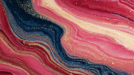 Photorealistic Abstract Swirling Liquid Paint in Red, Pink, Blue, and Cream with Glitter, Generative AI
