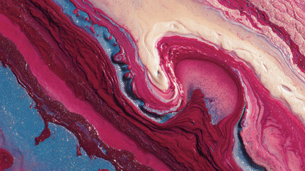 Photorealistic Abstract Swirling Liquid Paint in Red, Pink, Blue, and Cream with Glitter, Generative AI
