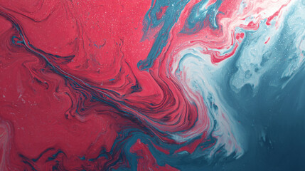 Photorealistic Abstract Swirling Liquid Paint in Red, Pink, Blue, and Cream with Glitter, Generative AI
