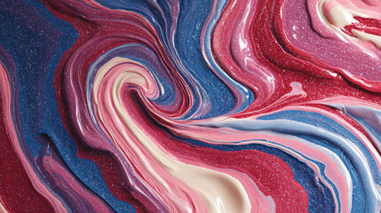 Photorealistic Abstract Swirling Liquid Paint in Red, Pink, Blue, and Cream with Glitter, Generative AI
