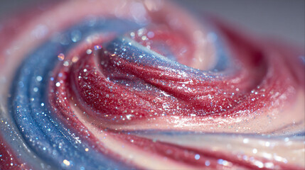 Photorealistic Abstract Swirling Liquid Paint in Red, Pink, Blue, and Cream with Glitter, Generative AI
