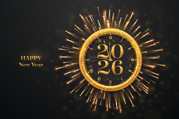 Happy New Year 2026. Golden New Year countdown clock with numbers 2026. Sparkling fireworks and glowing bokeh lights on black background. Festive New Year celebration card, poster. Vector illustration