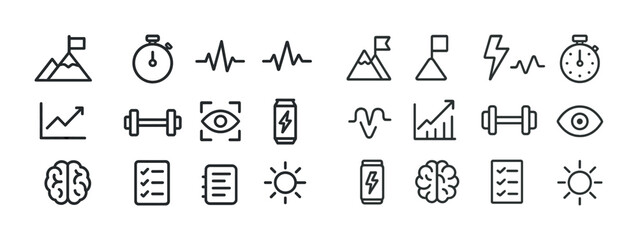 Health and fitness icons set featuring exercise, heart rate, nutrition, and energy symbols