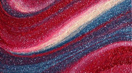 Photorealistic Abstract Swirling Liquid Paint in Red, Pink, Blue, and Cream with Glitter, Generative AI
