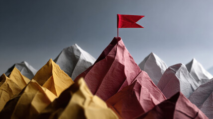 A red flag on the mountain peak, symbolizes success and achievement. The origami mountains depict a challenging journey