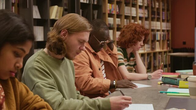 Side view of diverse group of focused students writing test in language training course looking up answers at groupmates exam papers while completing task in library