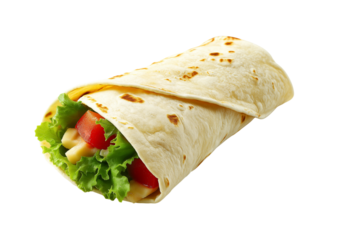 A freshly prepared tortilla wrap filled with crisp lettuce, red tomato slices, and cheese isolated on a transparent background