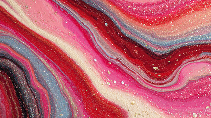 Photorealistic Abstract Swirling Liquid Paint in Red, Pink, Blue, and Cream with Glitter, Generative AI
