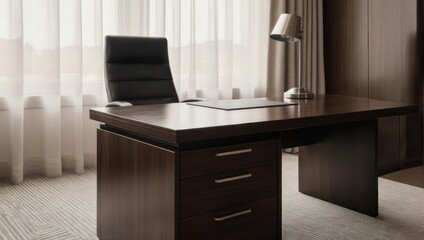 Executive Office Desk with Leather Chair and Lamp in a Modern Room.