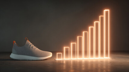 A stylish athletic shoe next to an ascending illuminated bar graph, symbolizing growth and progress. The shoe has a sleek design, suggesting movement and activity.