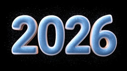 A shiny blue depiction of the year 2026, surrounded by sparkling particles against a dark background, symbolizing celebration and future events.