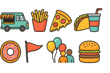Food and beverage flat icon set. Fun and colorful icons collection for food lovers