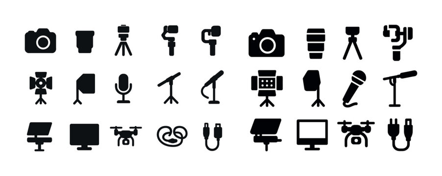 Collection of photography and audio equipment icons in black silhouette