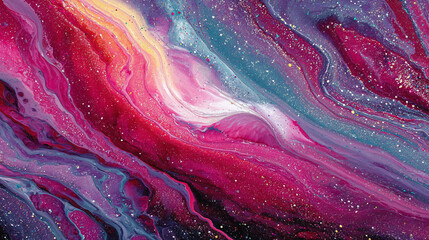 Photorealistic Abstract Swirling Liquid Paint in Red, Pink, Blue, and Cream with Glitter, Generative AI
