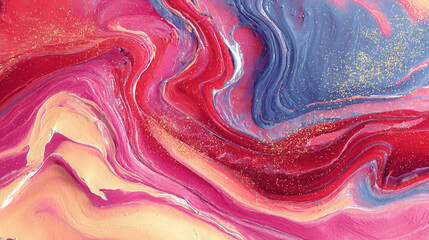 Photorealistic Abstract Swirling Liquid Paint in Red, Pink, Blue, and Cream with Glitter, Generative AI

