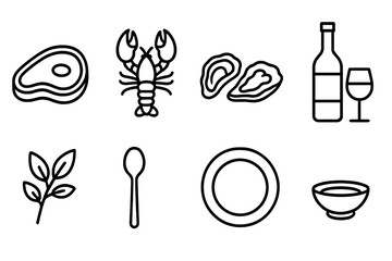 Fototapeta premium Food and drink outline icon set. Dining, culinary icons collection in outline style