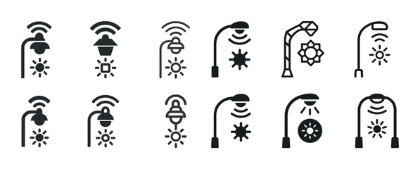 Smart street lamp icons: wireless connectivity and solar power symbols