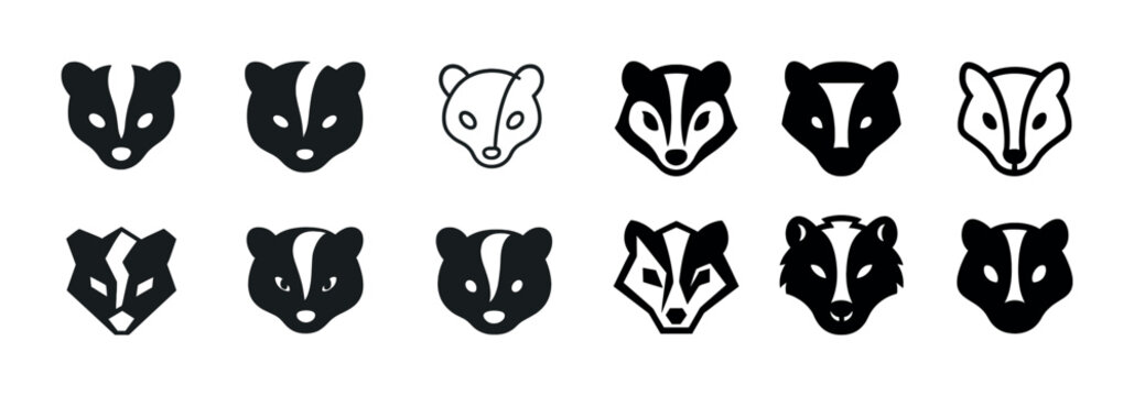 Set of stylized badger icons in various artistic designs