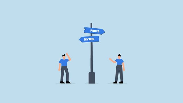 Fact vs Myth, 4k animation of business people at Facts vs Myths directional sign.