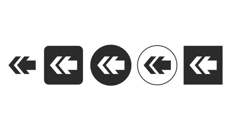 Black and white vector set of previous arrow icons in multiple styles | UI design element for double left chevron step back button | Flat glyph collection of rewind navigation arrows for interfaces 