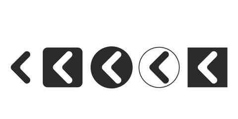 Vector icon set for back button or previous navigation UI element | Collection of five different style left arrow chevron icons for web design | Monochromatic UI/UX navigation symbols in circle