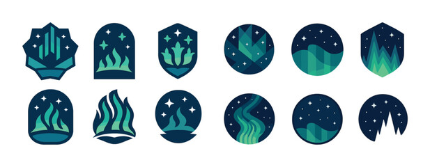 Abstract night sky icons with stars and northern lights elements in blue and green © Настя Шевчук