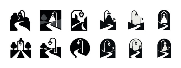 Minimalist street lamp and pathway icons collection