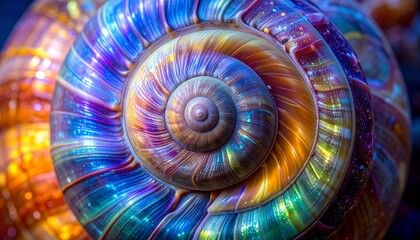 Colorful spiral shell closeup. Layers of iridescent orange, purple, blue, and green reflect light. Texture is smooth