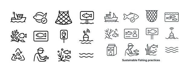 Sustainable fishing practices icons: boat, fish, net, recycling, coral © Настя Шевчук