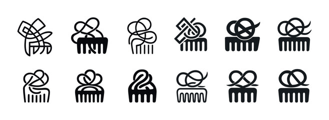 Abstract comb designs with geometric knot patterns in black and white