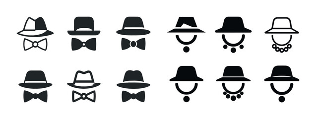 Black and white icon set: hats, bow ties, and necklaces collection