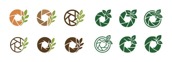 Collection of nature-inspired camera lens logos with leaf designs