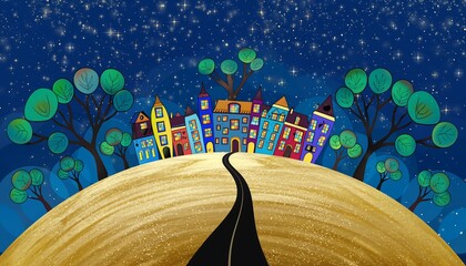 Cartoon village on a hill, buildings in cheerful colors, road leading uphill, starry sky above, whimsical