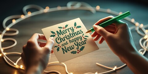 Person writes Merry Christmas and happy New Year wishes on festive card surrounded by lights