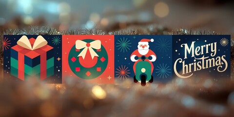 Four square Christmas themes showcase gift, wreath, Santa on scooter, and greeting