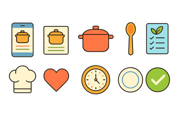 Cooking and recipe flat icon set. Kitchen, culinary tools, instructions flat collection