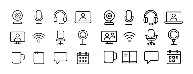 Office and communication icons: webcam, microphone, laptop, mug, calendar, chair, network