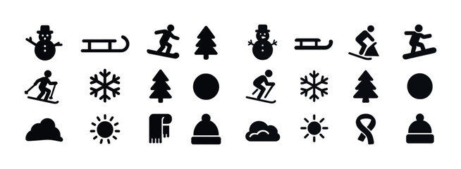 Winter sports and holiday icon set: snowman, sled, snowboarding, skiing, sun, cloud, tree, snowflake