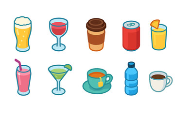 Beverage, drink flat icon set. Coffee, juice, wine, soda, tea, cocktail flat icons.
