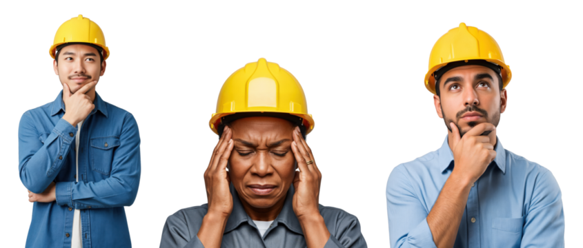 Diverse group of construction workers in yellow hard hats thinking and experiencing stress, representing problem-solving and workplace challenges on a transparent background. - Powered by Adobe