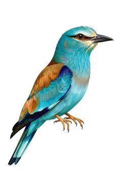 majestic european roller bird with iridescent azure blue and rust orange plumage, hyperdetailed watercolor illustration texture on white studio void. concept of ornithological fine art study