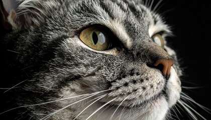 Close-up view of a gray tabby cat's face with striking green eyes, set against a dark background