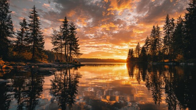 Golden sunset over a vast lake scenic landscape with silhouetted pine trees and a calm mirror-like water surface - Powered by Adobe
