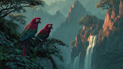Obraz premium Dense tropical forest scenic landscape vibrant parrots perched on vines a cascading waterfall hidden deep within the emerald jungle