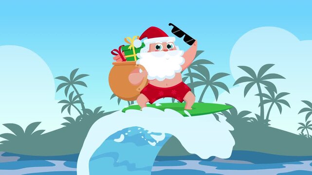 Happy Santa Claus Cartoon Character Surfing On Big Wave With Gift Bag &ndash; 4K Animation Video Motion Graphics With Landscape Background