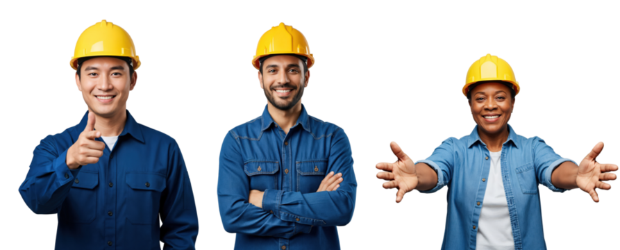 Diverse group of happy young adult and middle-aged construction workers wearing yellow hard hats and blue work shirts, smiling confidently on a transparent background. - Powered by Adobe